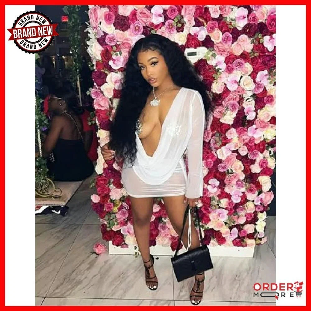Sexy Long Sleeve Mesh Two Piece Set Backless Mini Dress Club Outfit
